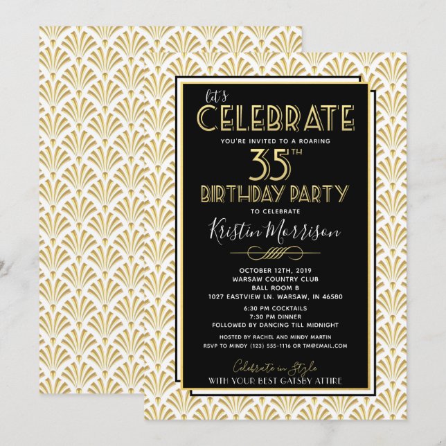 35th Birthday Party Art Deco Gatsby Roaring 1920s Invitation (Front/Back)
