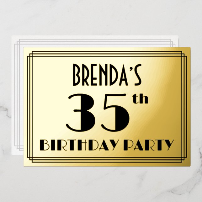 35th Birthday Party — Art Deco Look “35” + Name Foil Invitation (Front/Back)