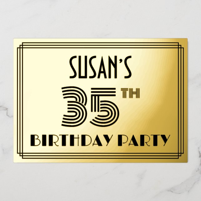 35th Birthday Party — Art Deco Style “35” & Name Foil Invitation (Front)
