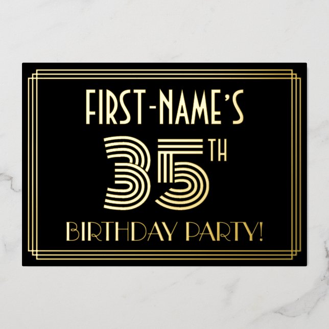 35th Birthday Party — Art Deco Style “35” + Name Foil Invitation (Front)