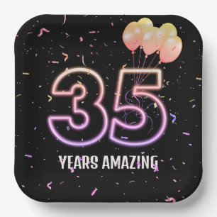 35th Birthday Party Balloons and Confetti Paper Plates