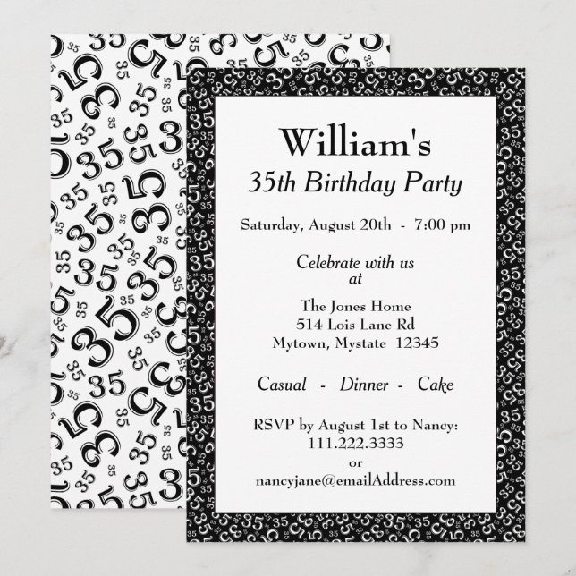 35th Birthday Party Black and White Pattern Invitation (Front/Back)