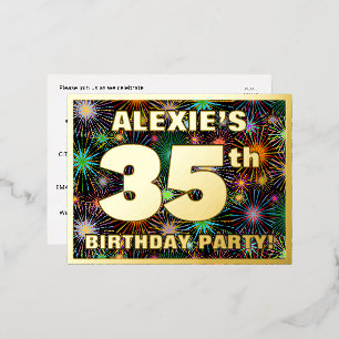 35th Birthday Party: Bold, Colorful Fireworks Look Foil Invitation Postcard