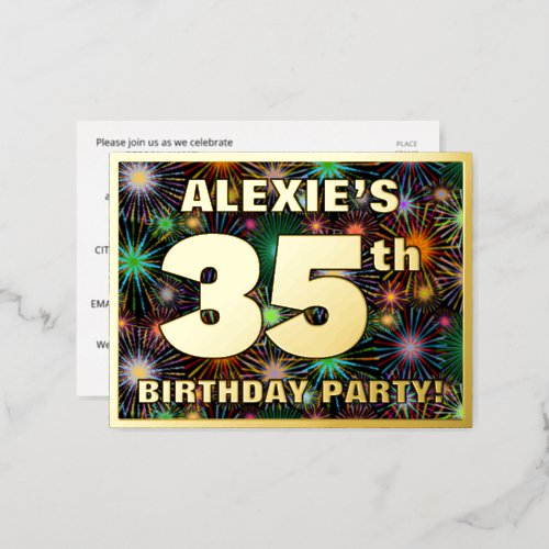 35th Birthday Party Bold Colorful Fireworks Look Foil Invitation Postcard
