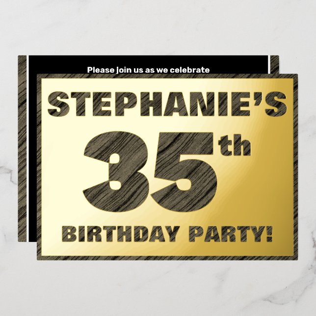 35th Birthday Party — Bold, Faux Wood Grain Text Foil Invitation (Front/Back)