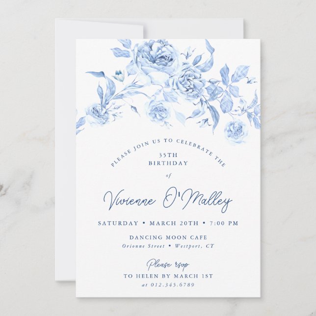 35th Birthday Party Dusty Blue Floral Invitation (Front)