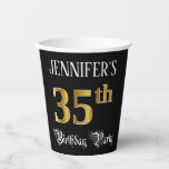 [ Thumbnail: 35th Birthday Party — Fancy Script, Faux Gold Look Paper Cups ]