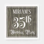 [ Thumbnail: 35th Birthday Party — Fancy Script, Faux Wood Look Napkins ]