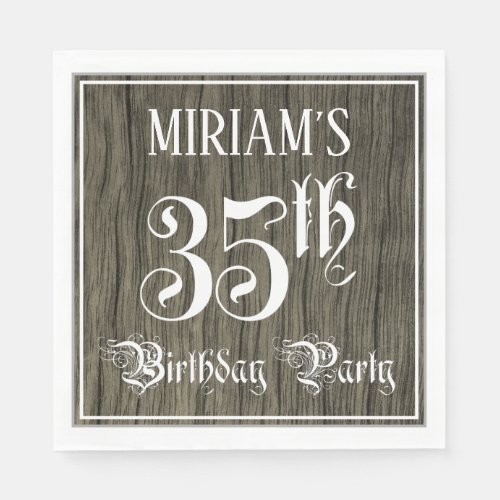 35th Birthday Party  Fancy Script Faux Wood Look Napkins