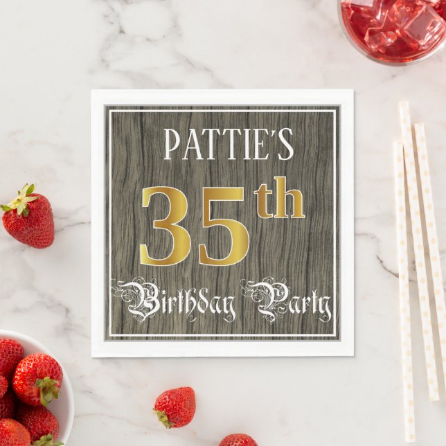 35th Birthday Party — Faux Gold & Faux Wood Looks Napkins (Insitu)