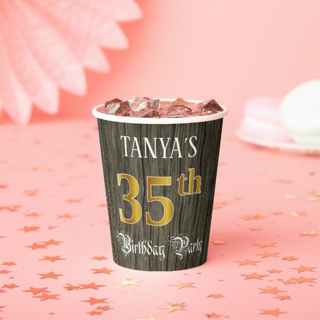 35th Birthday Party — Faux Gold & Faux Wood Looks Paper Cups (Insitu)