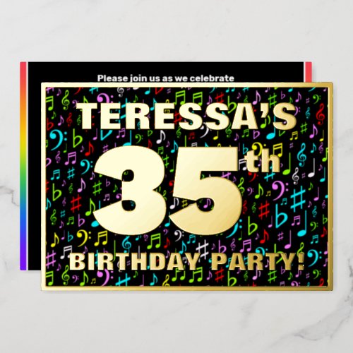 35th Birthday Party  Fun Colorful Music Symbols Foil Invitation