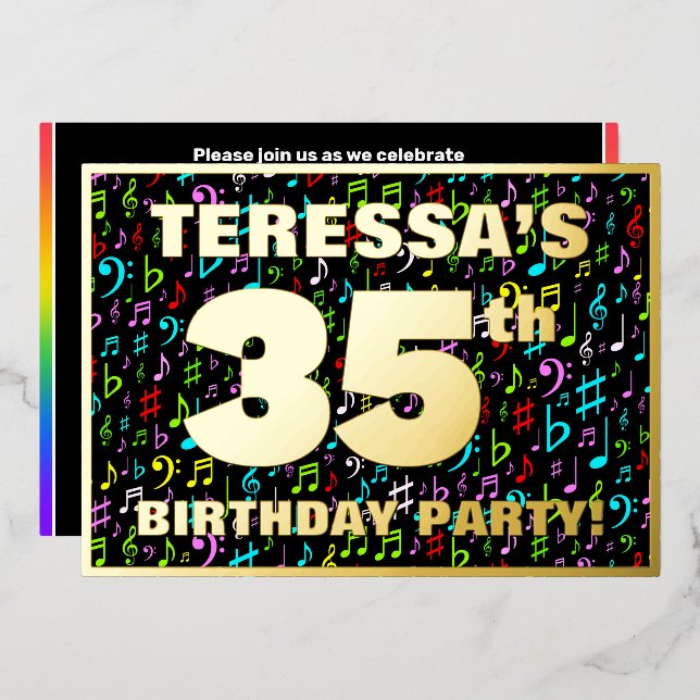 35th Birthday Party — Fun, Colorful Music Symbols Foil Invitation (Front/Back)