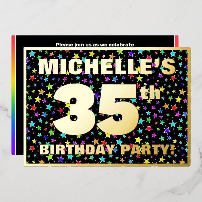 35th Birthday Party — Fun, Colorful Stars Pattern Foil Invitation (Front/Back)