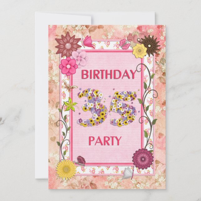 35th birthday party invitation with floral frame (Front)