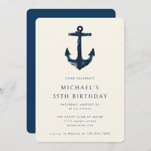 35th Birthday Party Navy Blue Nautical Anchor Invitation