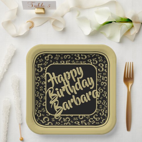 35th Birthday Party Number Pattern Black Gold Paper Plates
