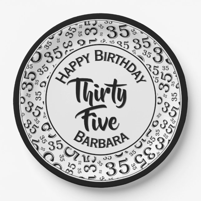 35th Birthday Party Number Pattern Black/White Paper Plates (Front)