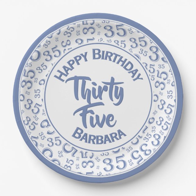 35th Birthday Party Number Pattern Blue/White Paper Plates (Front)