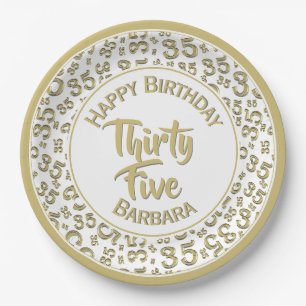 35th Birthday Party Number Pattern Gold/White Paper Plates