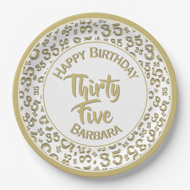 35th Birthday Party Number Pattern Gold/White Paper Plates (Front)