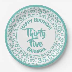 35th Birthday Party Number Pattern Teal/White Paper Plates