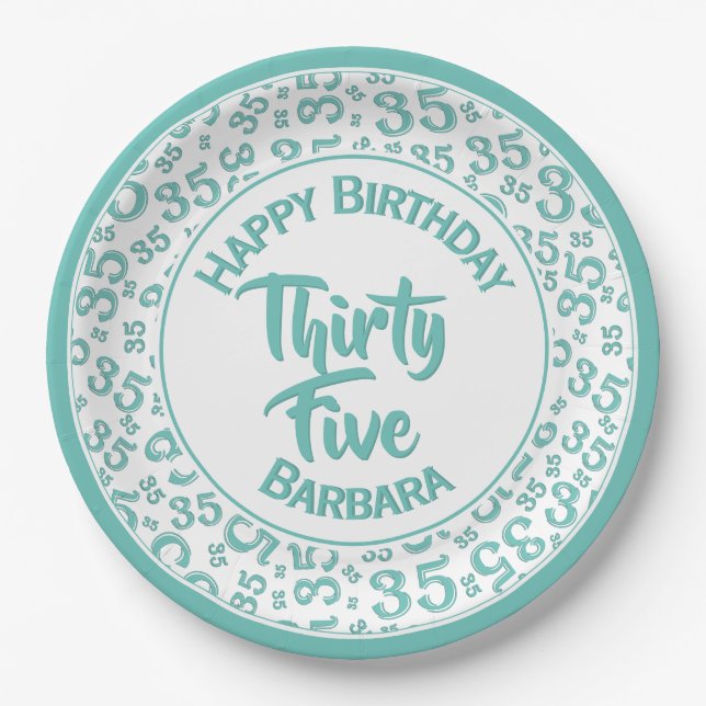 35th Birthday Party Number Pattern Teal/White Paper Plates (Front)