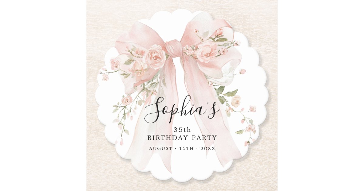35th Birthday Party Pink Bow with Roses Paper Coaster | Zazzle