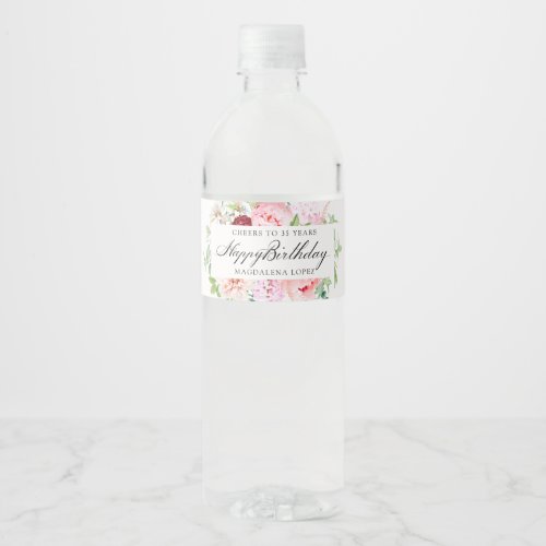35th Birthday Party Pink Peony Floral Water Bottle Label