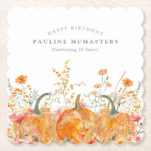35th Birthday Party Pumpkin Wildflower Custom Paper Coaster
