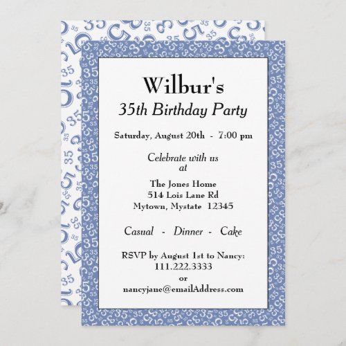 35th Birthday Party Theme Blue and White Pattern Invitation