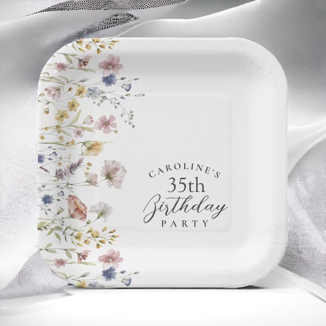 35th Birthday Party Wildflowers Watercolor Floral Paper Plates (Creator Uploaded)