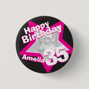 35th Birthday photo fun hot pink button/badge Button
