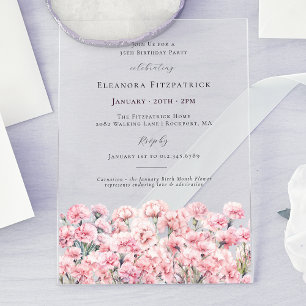 35th Birthday Pink Carnation January Birth Flower Acrylic Invitations