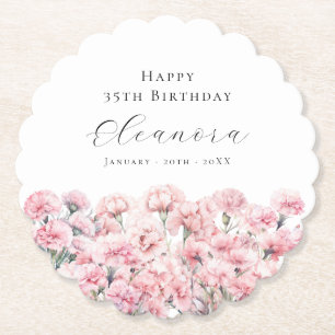 35th Birthday Pink Carnation January Birth Flower Paper Coaster