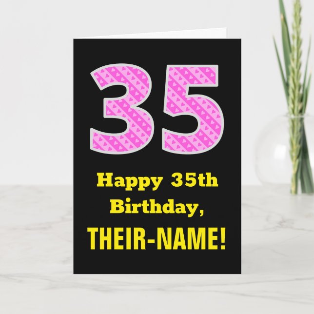 35th Birthday: Pink Stripes and Hearts "35" + Name Card (Front)