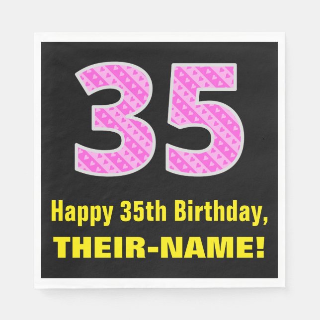 35th Birthday: Pink Stripes and Hearts "35" + Name Napkins (Front)