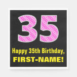 [ Thumbnail: 35th Birthday: Pink Stripes and Hearts "35" + Name Napkins ]