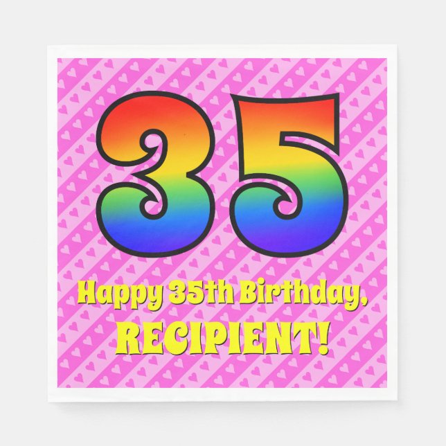 35th Birthday: Pink Stripes & Hearts, Rainbow # 35 Napkins (Front)