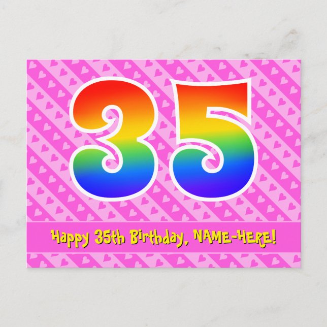 35th Birthday: Pink Stripes & Hearts, Rainbow 35 Postcard (Front)