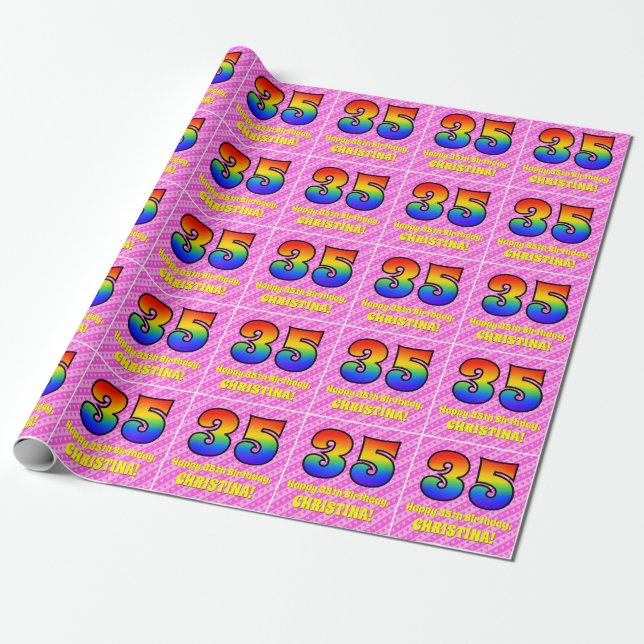 35th Birthday: Pink Stripes & Hearts, Rainbow # 35 Wrapping Paper (Unrolled)