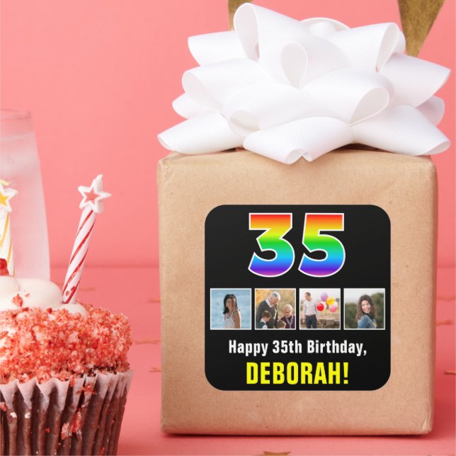35th Birthday: Rainbow “35”; Custom Photos & Name Square Sticker (Party)