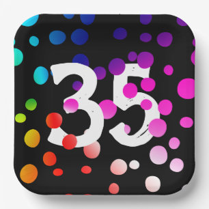 35th Birthday Rainbow Dots on Black Paper Plates