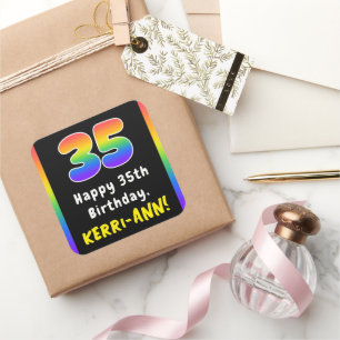 35th Birthday: Rainbow Spectrum # 35, Custom Name Square Sticker
