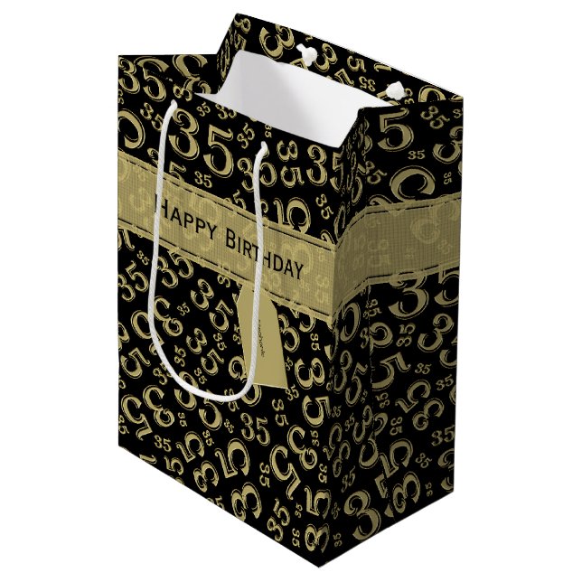 35th Birthday Random Number Pattern Black/Gold Medium Gift Bag (Front Angled)