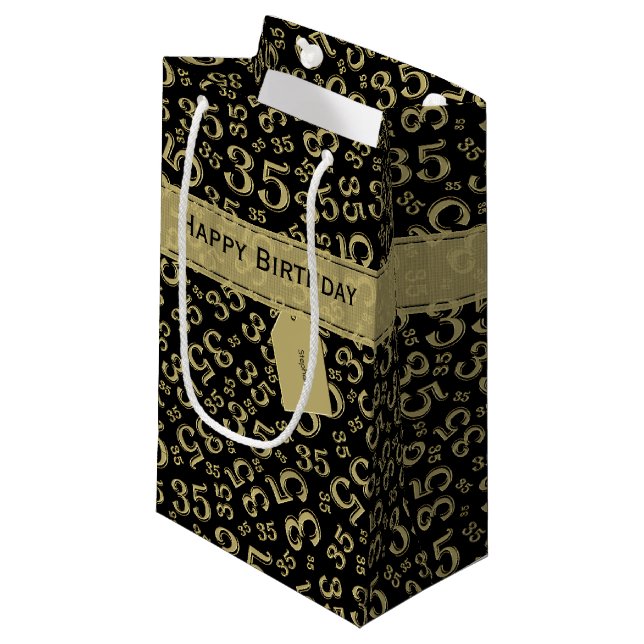 35th Birthday Random Number Pattern Black/Gold Small Gift Bag (Front Angled)