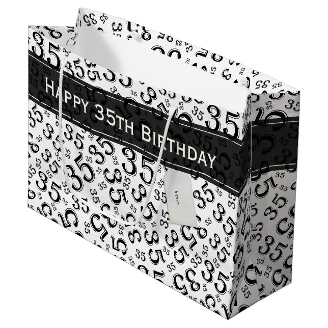 35th Birthday Random Number Pattern Black/White Large Gift Bag (Front Angled)