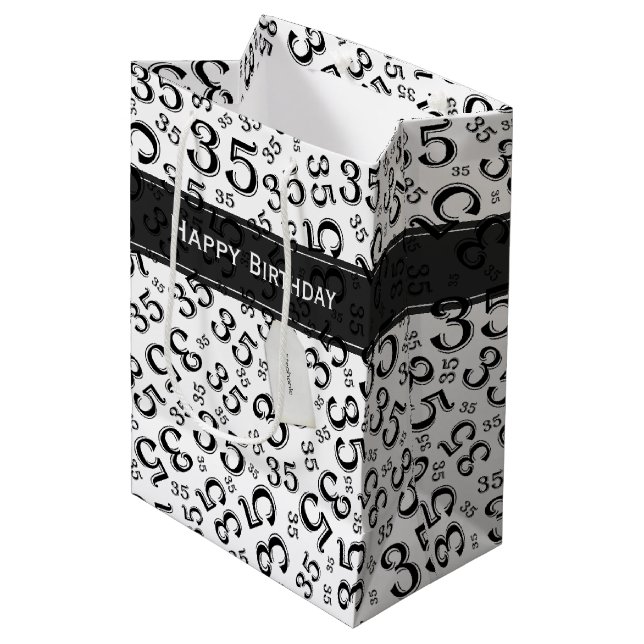 35th Birthday Random Number Pattern Black/White Medium Gift Bag (Front Angled)