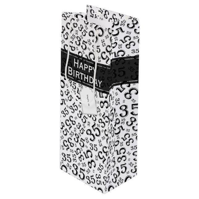 35th Birthday Random Number Pattern Black/White Wine Gift Bag (Front Angled)