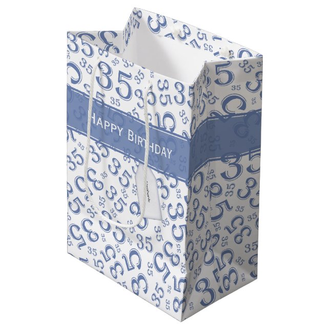 35th Birthday Random Number Pattern Blue/White Medium Gift Bag (Front Angled)